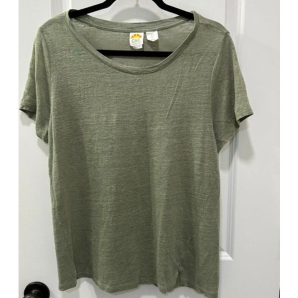 100 % Linen C&C California Womens LG T-Shirt Olive Green Short Sleeve Side Slit